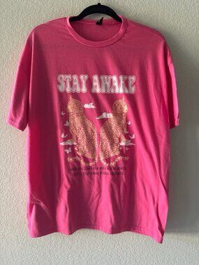 Oversized "Stay Awake" Leopard Graphic Tee (Pink) - Worn Once